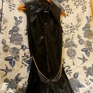 Womens black spandex bodysuit with gold chain belt